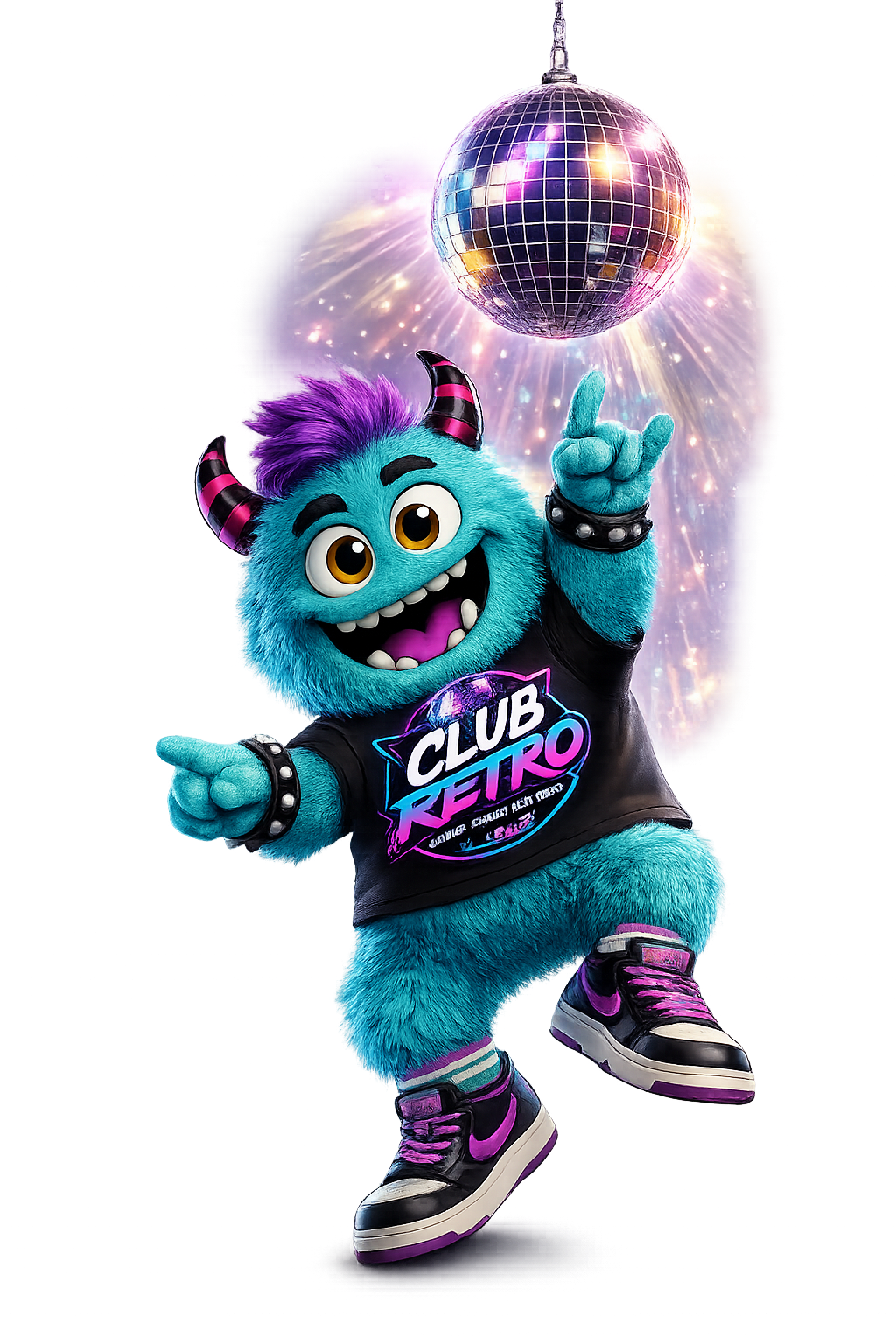 Mascota Club Retro bajo una bola disco